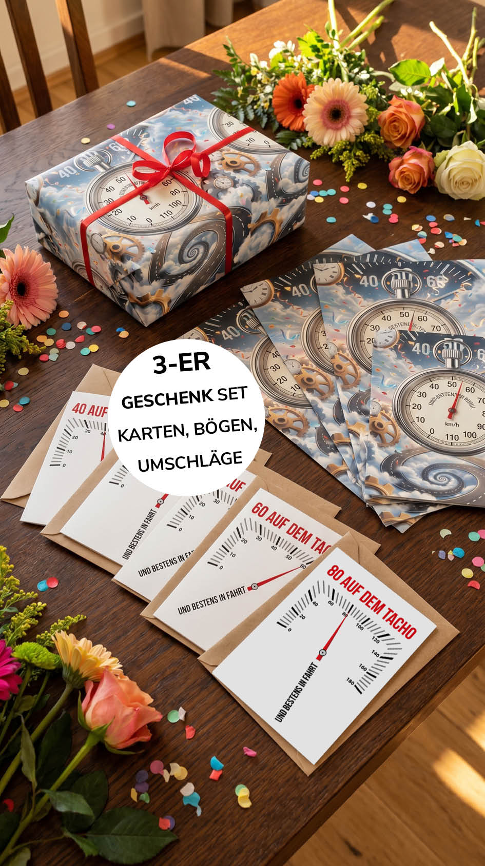 Geschenkpapier 3er Set Tacho, Geschenkverpackung DIN A2; Geburtstagskarte mit Umschlag braun